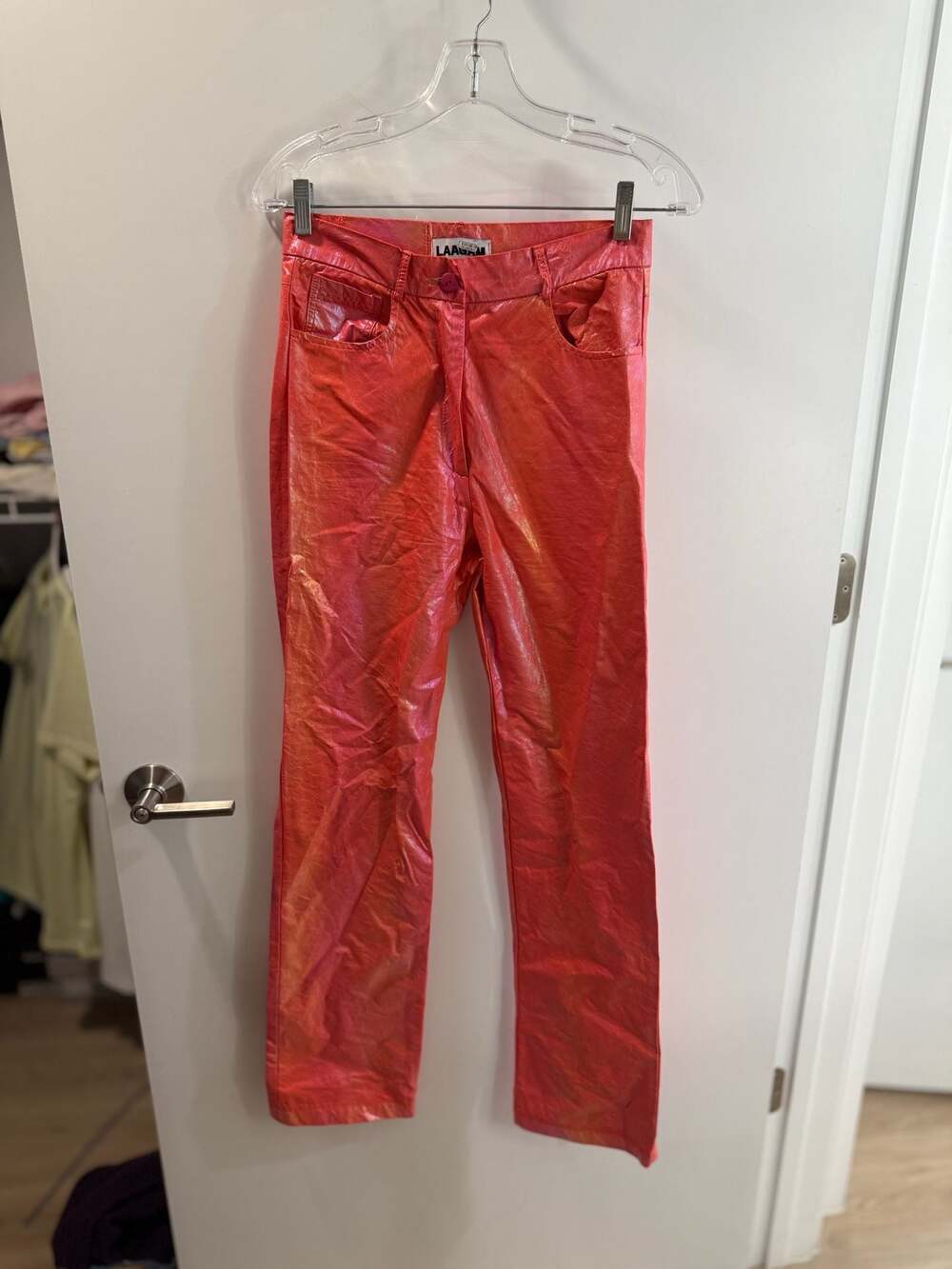 LAAGAM X Free People Studio 54 Iridescent Pink Vegan Leather Flare Pants
